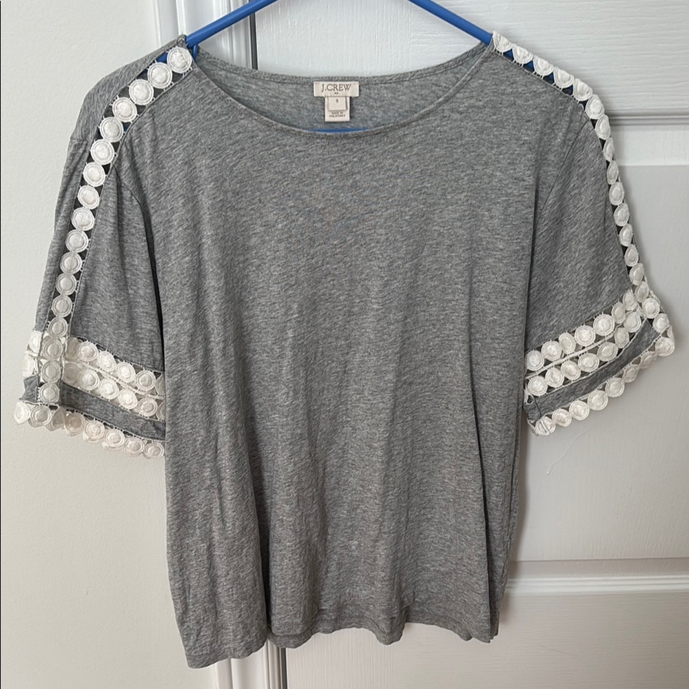 J. Crew Gray Short-Sleeve Tee with White Lace Trim